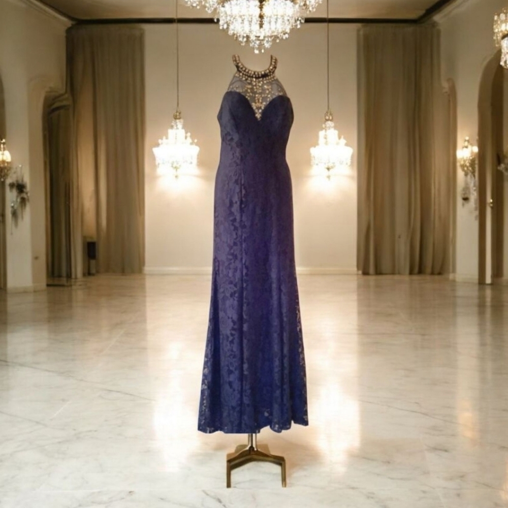 Gown B Darlin blue lace with beaded sections good PROM stretchy 7/8 New …